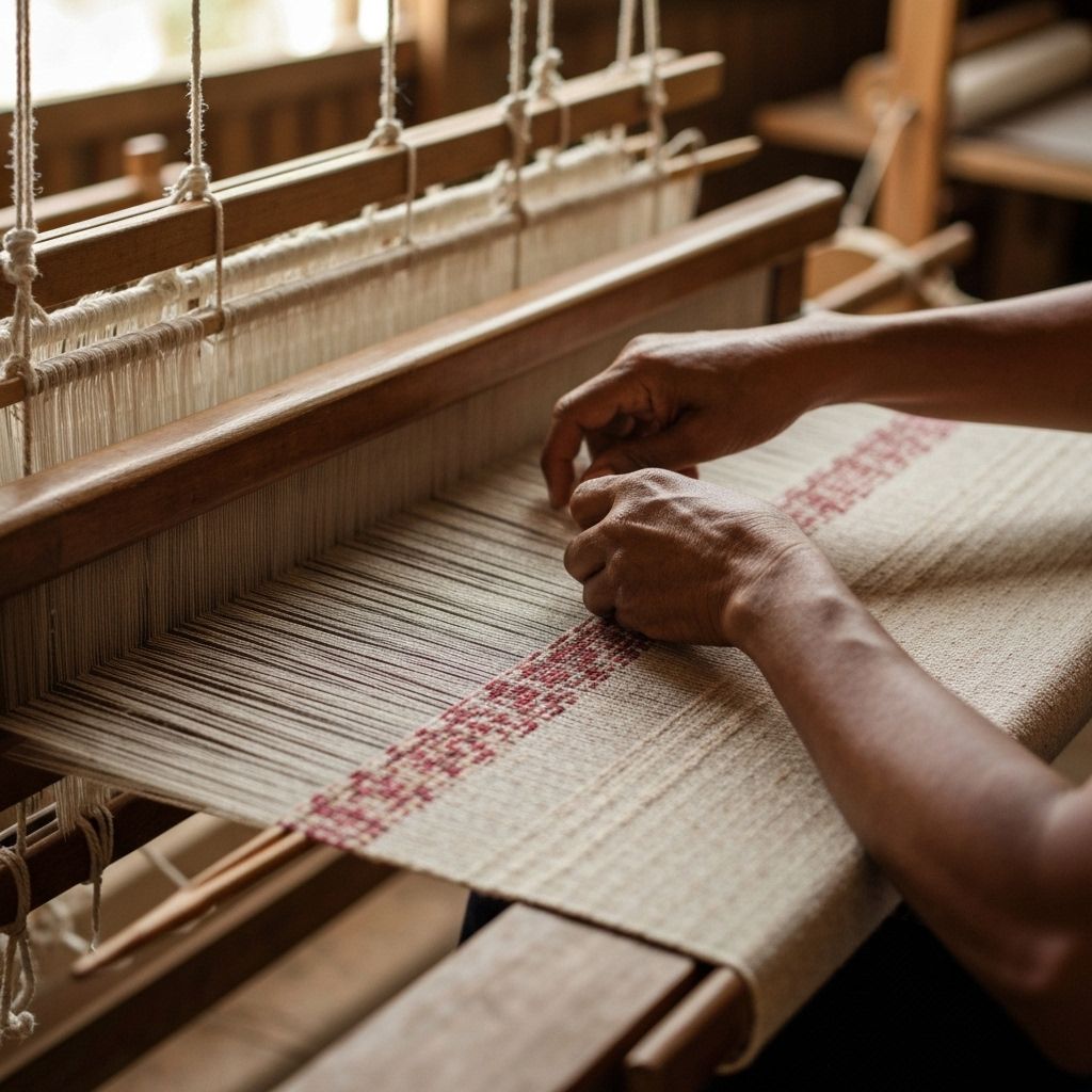 Artisan hands weaving textile on traditional loom